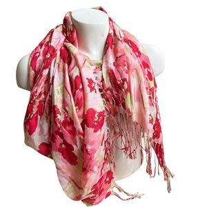 NWT Liz Claiborne Scarf Floral Rayon Knotted Fringe 26” X 80” Pink Green Spring
